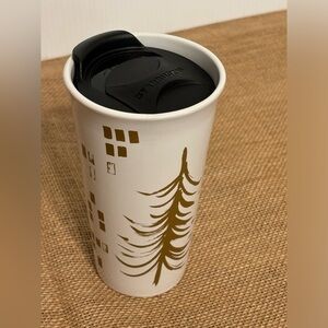 Starbucks | Holiday Gold Tree | Ceramic Travel Tumbler Tall Mug with Lid 2014